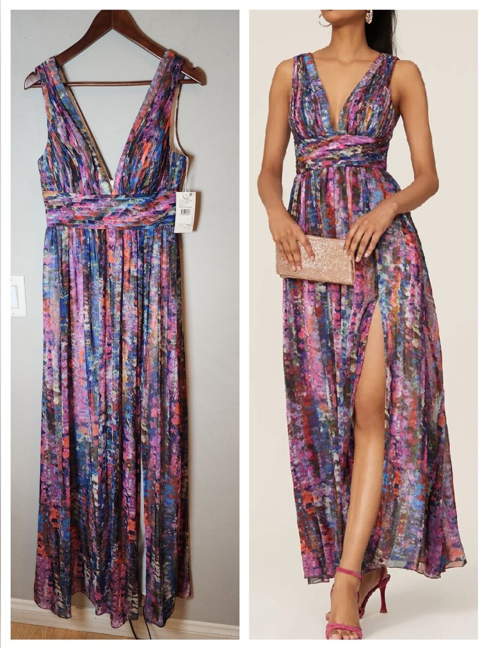 NWT Aidan Mattox Multicolored Watercolor Chiffon Sleeveless Maxi Dress Size 6